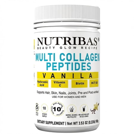 NUTRIBAS Collagen Powder with Vitamin C HA, Protein Powder Vanilla, Gluten Free & Dairy Free, 4 oz