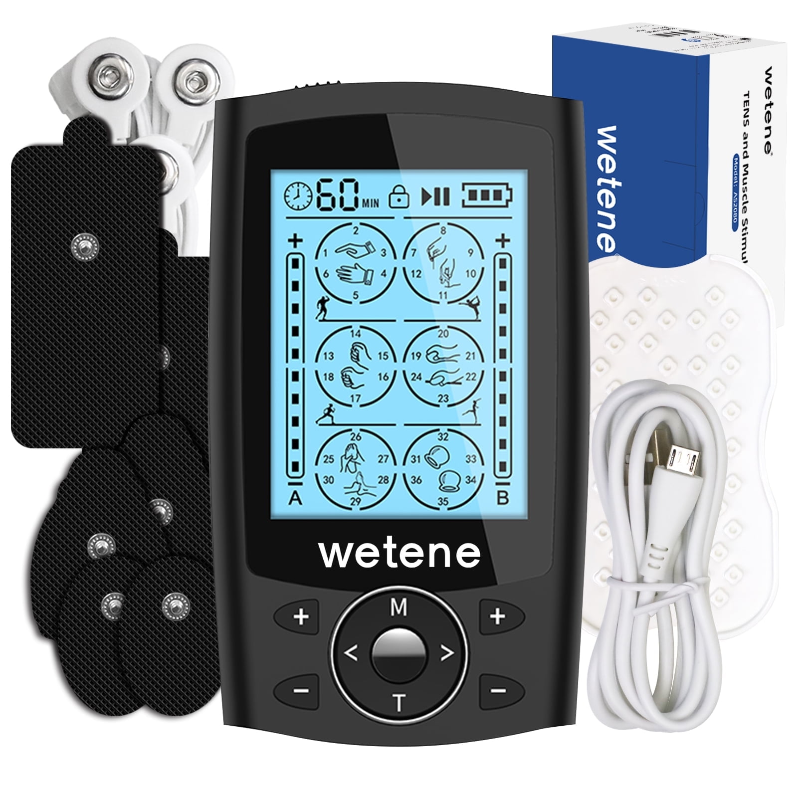 Wetene TENS Unit Rechargeable Muscle Stimulator EMS Dual Channel with 10 Reusable Electrode Pads 36 Modes for Back Neck Pain Muscle Therapy Pain Management Pulse Massager