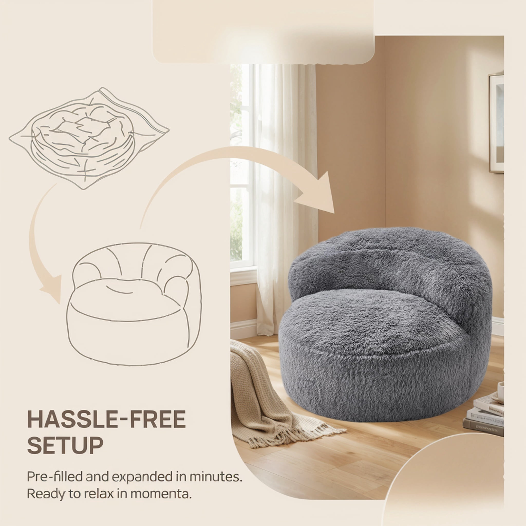 Fulsmile Bean Bag Chair Large Plush Chairs for Adults Giant Beanbag Chair Bean Bag Sofa with Stuffed Memory Foam Oversized Bean Lounger Chair for Reading Gaming Relaxing, Grey