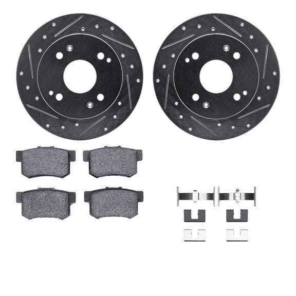 Dynamic Friction Company Rear Brake Rotors-Drilled and Slotted-Silver with 5000 Advanced Brake Pads includes Hardware 7512-59022