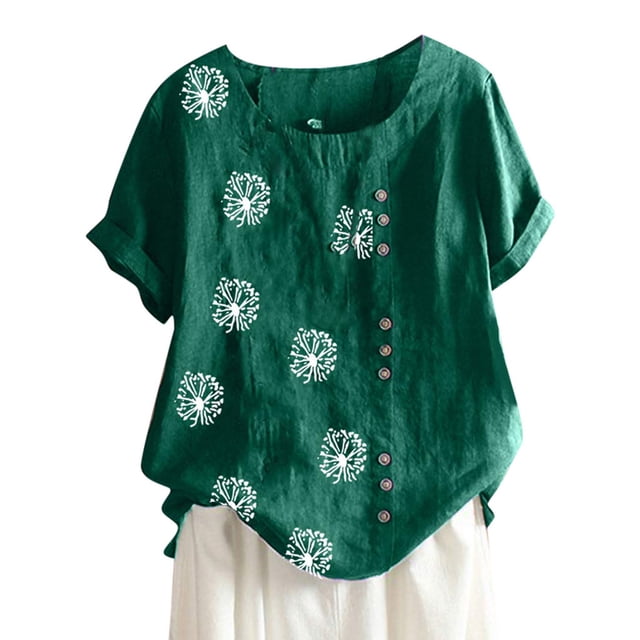 Pompotops Chemise Décontractée d'Été pour Femmes Col Rond Manches Courtes Imprimé Floral Ample