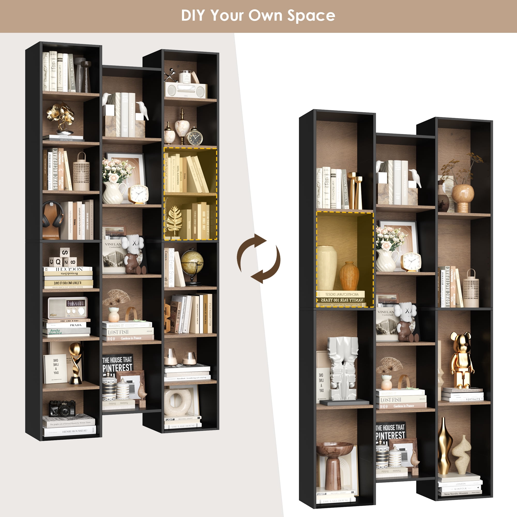 Homfa 2 Pieces Bookshelves, 71’’ Tall Three Row Bookshelf with Adjustable Shelves, 21-Cubes CD Display Storage Organizer Shelf for Living Room Home Office, Black+Brown