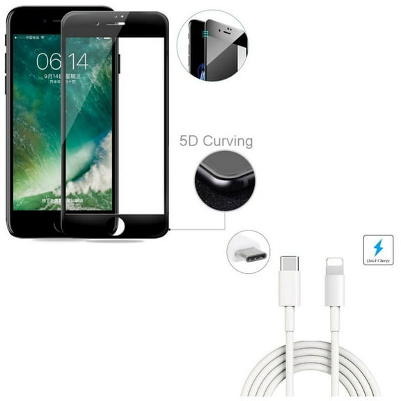 iPhone 8/7/6S/6 - 6ft USB Cable w Tempered Glass Screen Protector - Type-C to iPhone Charger Power Cord Sync, 5D Touch Curved Edge Full Cover Bubble Free Case Friendly for iPhone 8/7/6S/6
