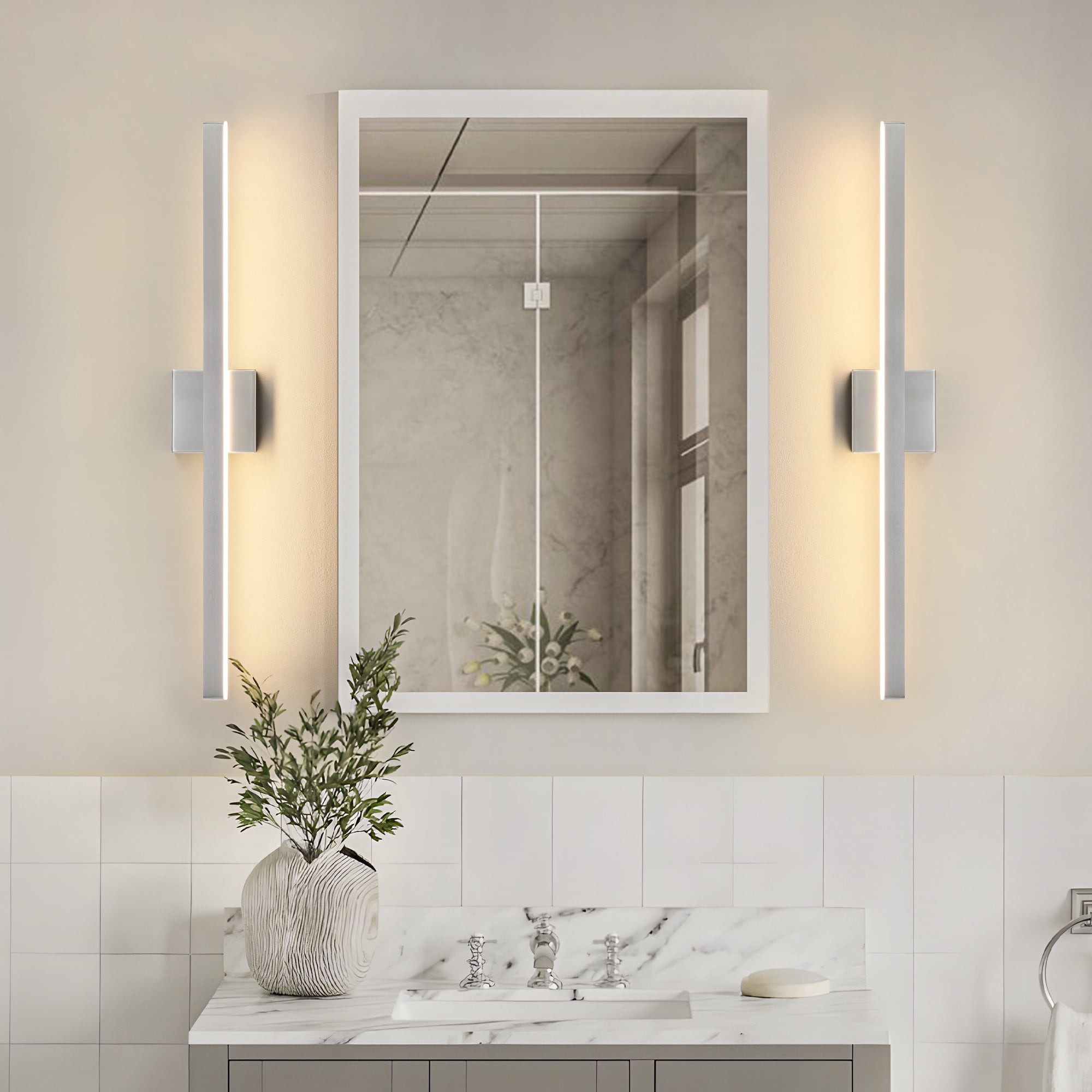 Minimalist Linear LED Modern Lighting Fixtures 32'' Bathroom Brushed Nickel Vanity Light Dimmable Over Mirror Wall Sconce for Bathroom