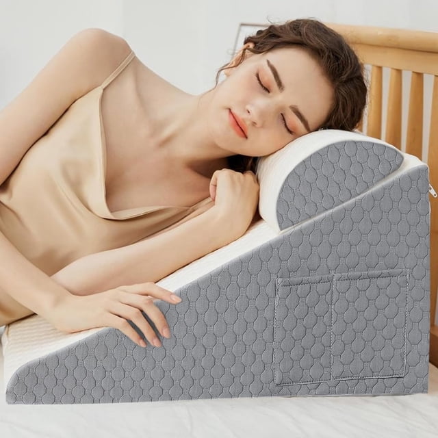 Almohada Antireflujo Adulto, Almohada de Cuña para Cuña |Algodón de Silicona Mejorado| Almohada Triangular con 2 Bolsillos y 1 Almohada para el Cuello,Apoya y alivia e