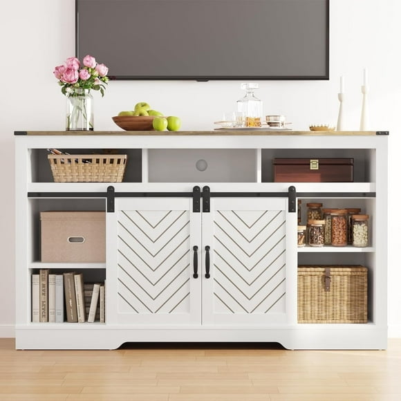 RoyalCraft Farmhouse TV Stand, Tall Entertainment Center for 65+ Inch TV, Rustic TV Console with Sliding Bar Door for Living Room (Wood-Tone and White)
