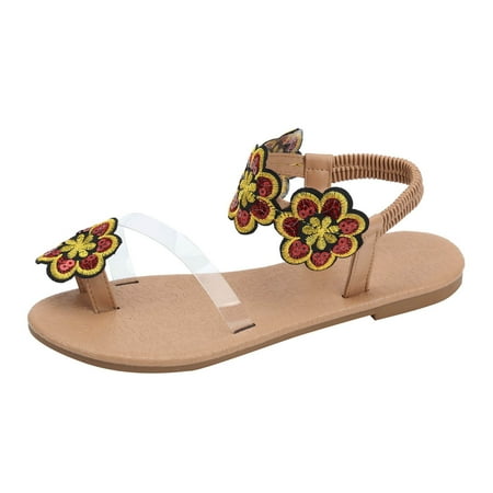 

Women s Large Size Flower Flat Sandals Resort Style Thong Elastic Band Beach Sandals