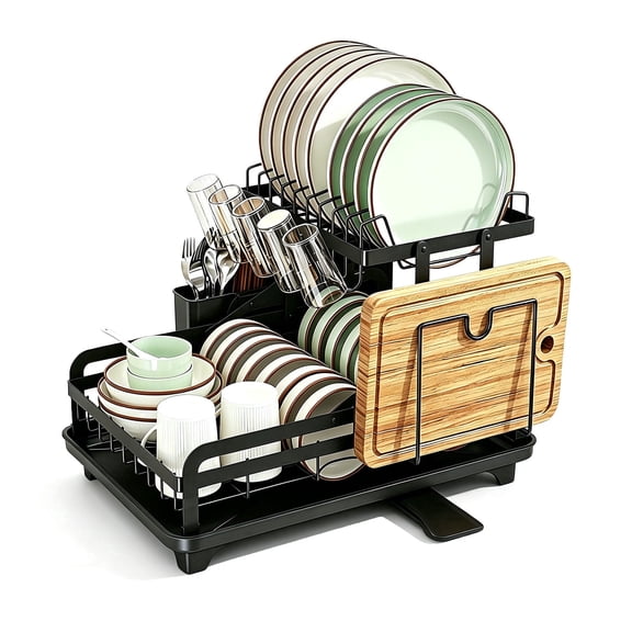 DEGIDEG 2 Tier Dish Drying Rack, Large Dish Rack and Drainboard Drainer for Kitchen Counter, Black