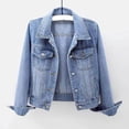 thumbnail image 4 of Women's Classic Cropped Denim Jacket Lapel Button Down Long Sleeve Jean Coat Vintage Wash Short Jean Jacket Casual Trucker Coat Blue, 4 of 9