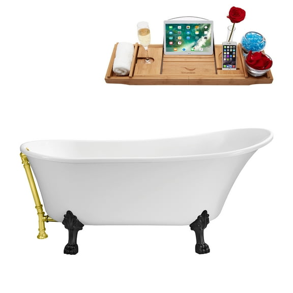 59" Streamline N341BL-GLD Soaking Clawfoot Tub and Tray With External Drain