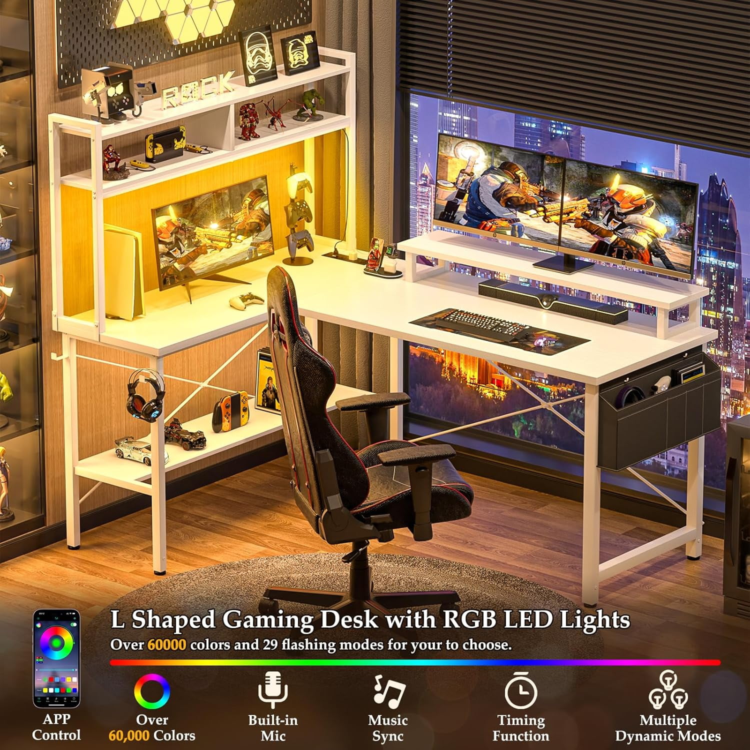 Homieasy L Shaped Gaming Desk with Power Outlets & LED Lights, Small L- Shaped Desk Computer Corner Desk with Monitor Stand & Storage Shelf, Home Office Desk Writing Desk with Storage Bag, White