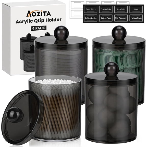 4pcs Acrylic Qtip Holder Dispenser for Cotton Swabs, Balls, Pads, Floss Picks- Clear Acrylic Canister Apothecary Jar Set, Bathroom Essentials Accessories Decor Vanity Makeup Storage Organizer -Black