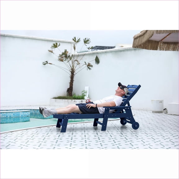 Outdoor Chaise Lounge Chair | 5-Position Adjustable Oversized Lounge for Pool, Deck, Patio | Wheels & Cup Holder | HDPE | Navy Blue