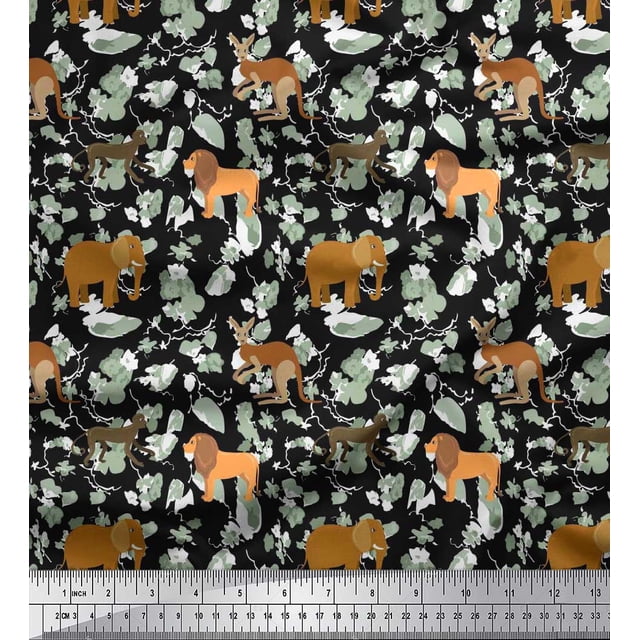 Soimoi Poly Georgette Fabric Kangaroo,Elephant & Lion Animal Print Fabric by The Yard 52 Inch Wide