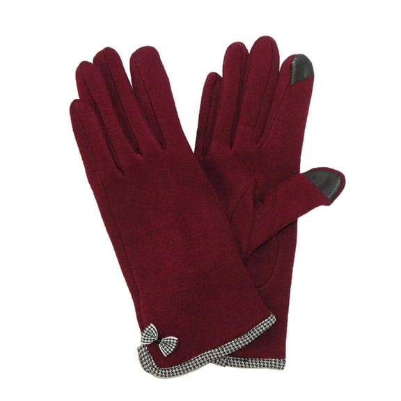 Womens Burgundy & Houndstooth Bow Stretch Fit Texting & Tech Touchscreen Gloves