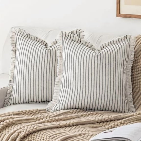 Throw Pillow Covers 16x16 Set of 2 Striped Fringe Pillow Cover Farmhouse Cushion Covers with Tassel Neutral Boho Pillows Decorative Square Pillowcase for Couch Sofa Bed, Black