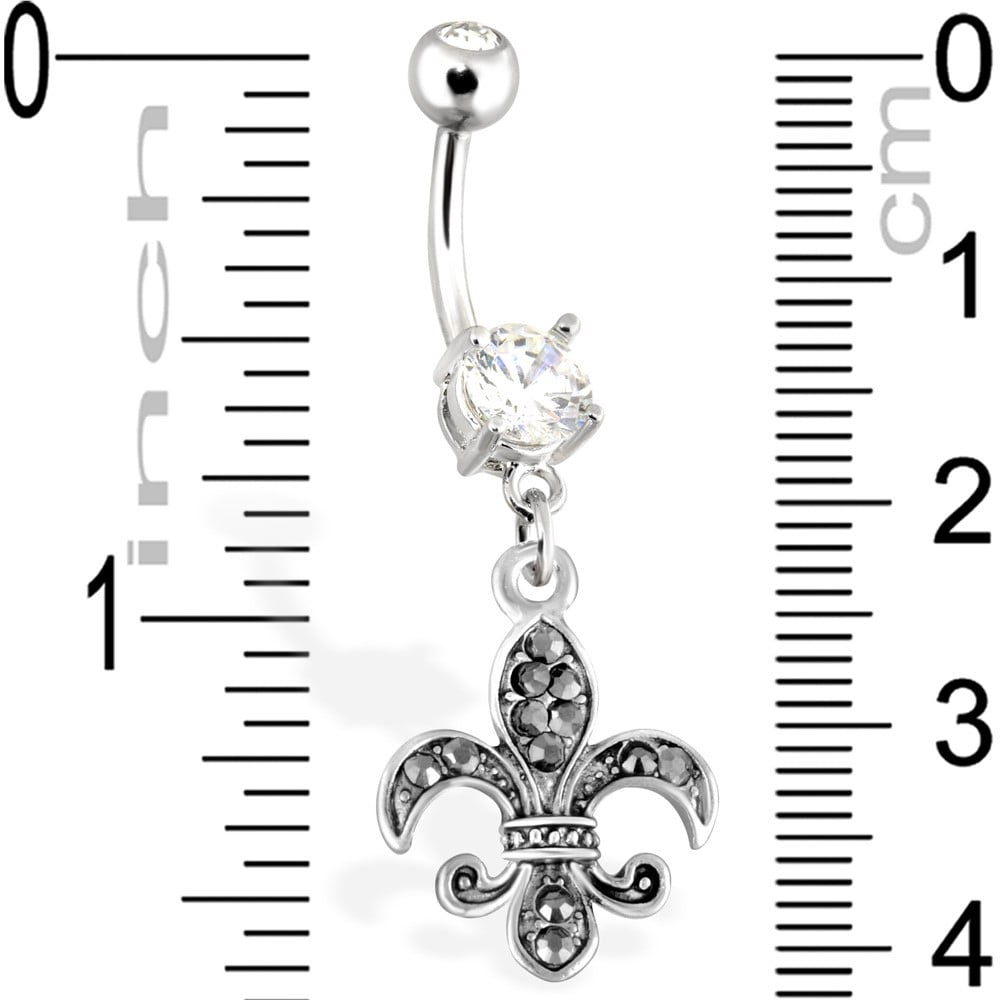Fleur De Lis Paved With CZ Dangle Surgical Steel Navel Ring