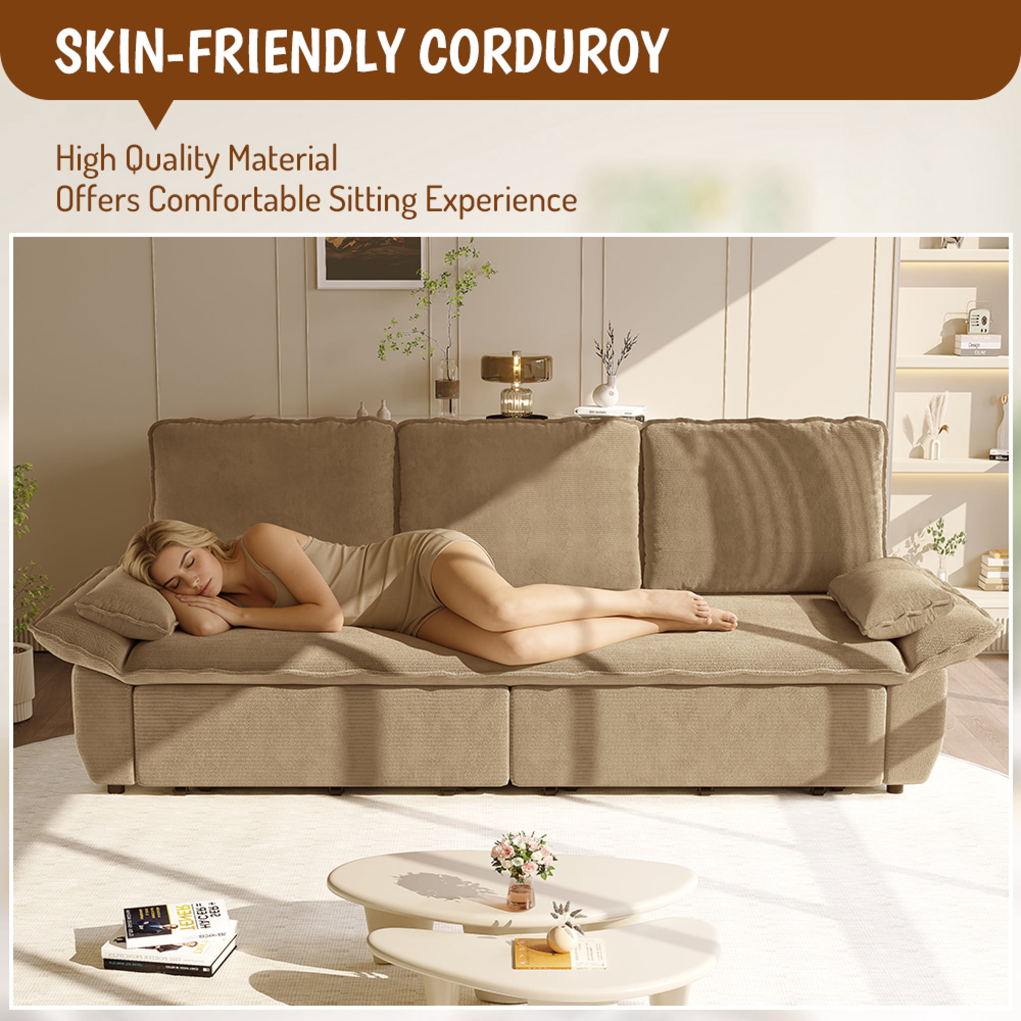 Leumius 94.5" Pull Out Sofa, King Size 3-in-1 Convertible Sleeper Sofa Bed, Multi-Functional Corduroy Bed for Living Room Bedroom Camel