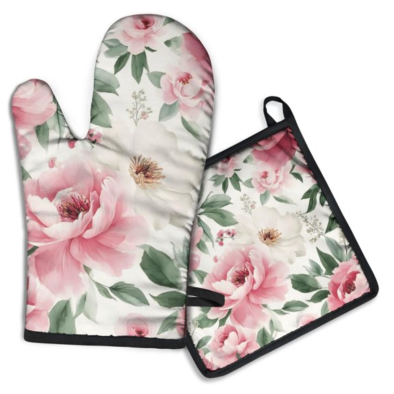 Pioneer Flower Kitchen Oven Mitt and Pot Holder Sets 2 Pcs for Baking, Cooking and Grilling, Heat Resistant Up To 392 °F