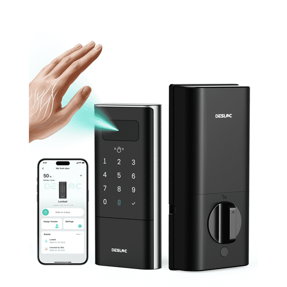 Desloc Palm Vein Smart Lock, K140Plus Rechargeable WiFi Keypad Deadbolt | Keyless Entry Door Lock App Control, 10000mAh Li-ion Battery Front Door Lock with BHMA Grade 3, IP65, Auto Lock, Black