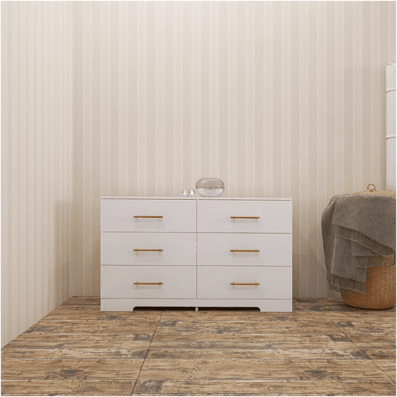 JERFIT 6-Drawer Dresser, White Chest of Drawers with Gold Handles, Large Bedroom Storage Cabinet, Freestanding Organizer for Clothes, MDF Particle Board, Farmhouse Style