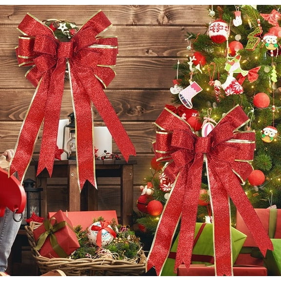 Janrevotw Christmas Tree Top Bow, 16.1 “X9.4” Large Glitter Christmas Wreath Bow Christmas Decoration With Long Fluttering Wired Edge Ribbon For Farmhouse Christmas Decorations