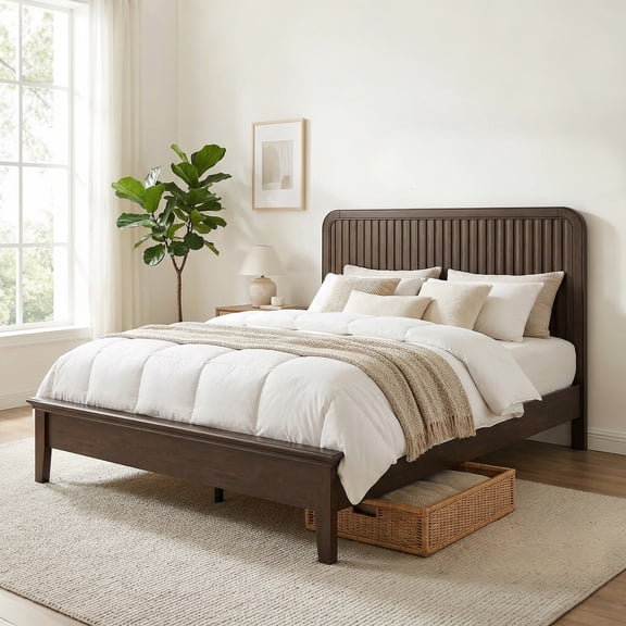 Fluest Queen Bed Frame with Slat Headboard, Solid Wood Bed Frame, No Box Spring Needed, Noise-Free, Rustic Brown