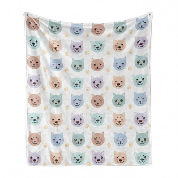 Cat Soft Flannel Fleece Throw Blanket, Smiling Cat Muzzle and Paw Prints Pattern on Animal Themed Kitty Kids Nursery, Cozy Plush for Indoor and Outdoor Use, 70" x 90", Multicolor, by Ambesonne