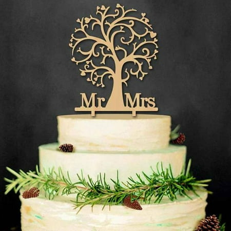 Buythrow Mr and Mrs Engagement, Anniverary, Bridal shower Cake Topper Wood Cherry Blossom Tree Rustic Wedding Cake