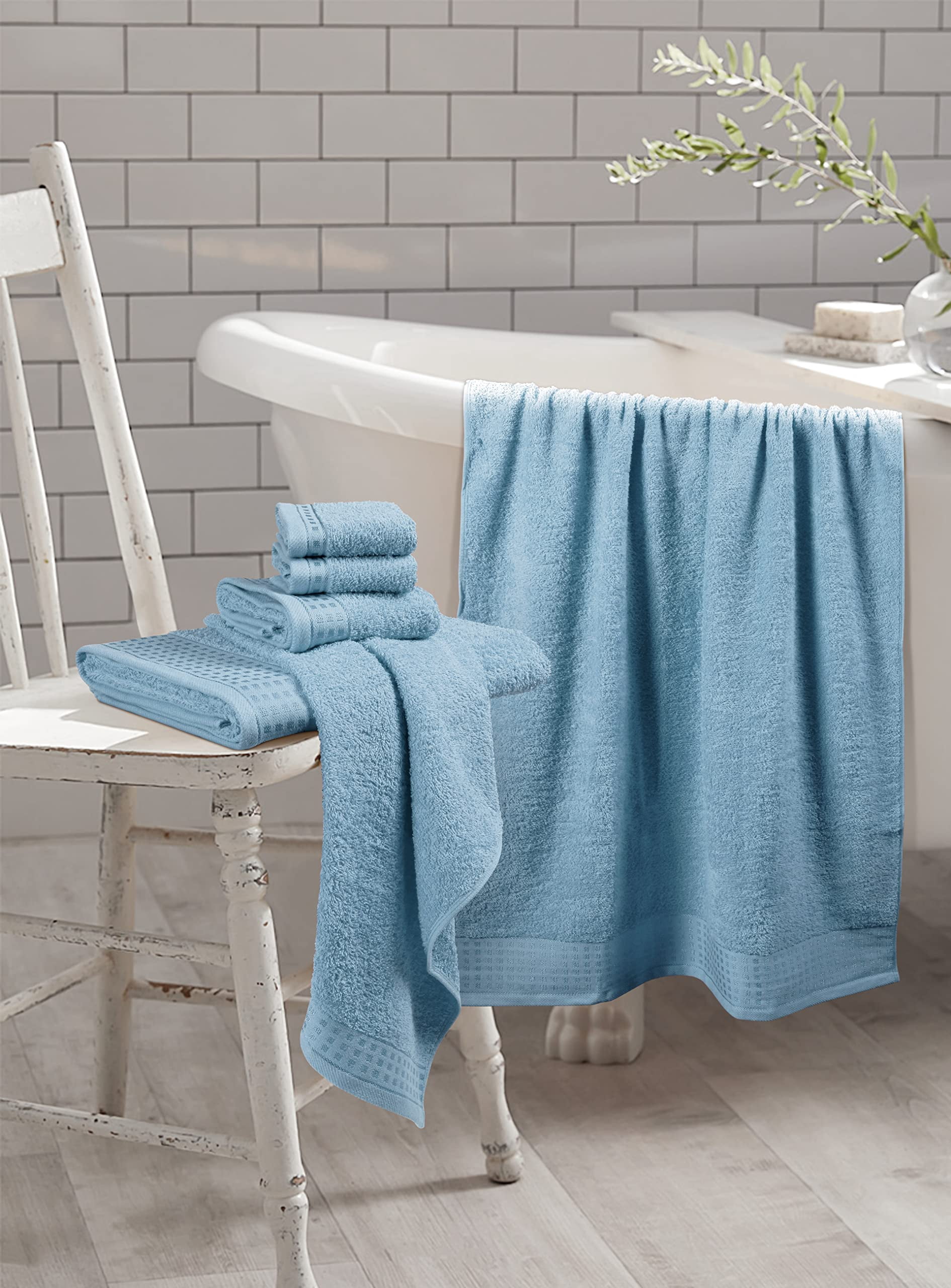 MyOwn Ultra Soft 6 Pack Cotton Towel Set, Contains 2 Bath Towels 28x55 inch, 2 Hand Towels 16x24 inch & 2 Wash Coths 12x12 inch, Ideal for Everyday use, Compact & Lightweight - Sky Blue