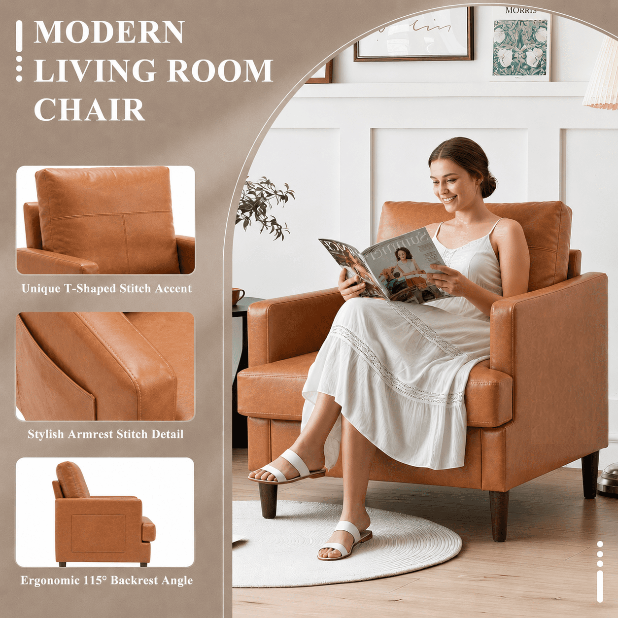 MOONMISS Modern Accent Chair Set of 2,PU Leather Single Sofa with Wood Legs,Reading Armchair for Living Room,Bedroom,Office,Brown