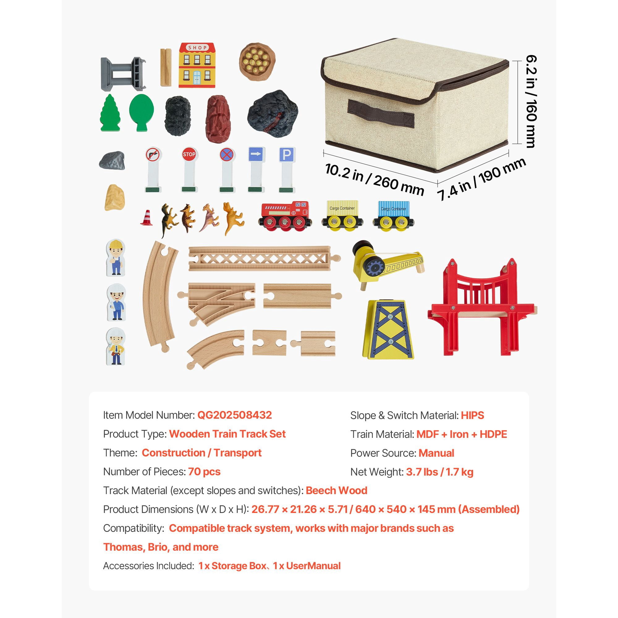 Wooden Train Set 70PCS with Magnetic Crane Dinosaur Fossil for Kids Ages 3-8 Christmas Birthday Toy