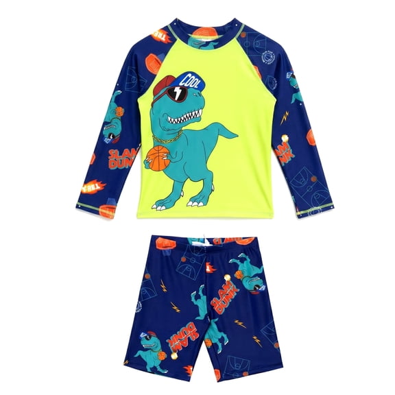 NIPAXO Boys Two Piece Swimsuit Set Long Sleeve Rash Guard Swim Trunks Dinosaur Shark Crocodile Sun Protection Swimwear for Toddler Boys Age 7-8 Years