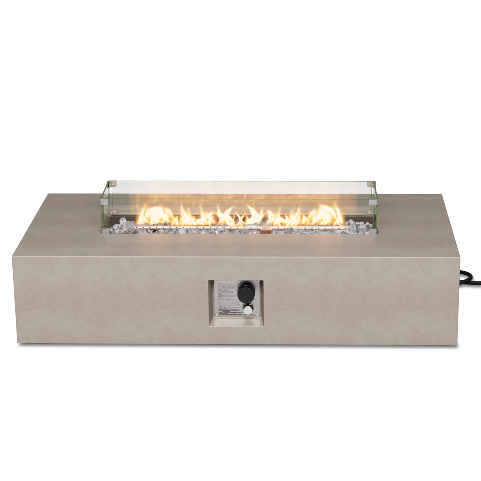 VENTOPYR Outdoor Rectangular Propane Fire Pit Table, Terrazzo Gray Concrete Finish, 50,000 BTU Stainless Steel Burner with Glass Wind Guard, Rain Cover