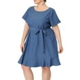 thumbnail image 4 of Agnes Orinda Women's Plus Size Plain Short Sleeve Ruffle Chambray Midi Dresses, 4 of 6