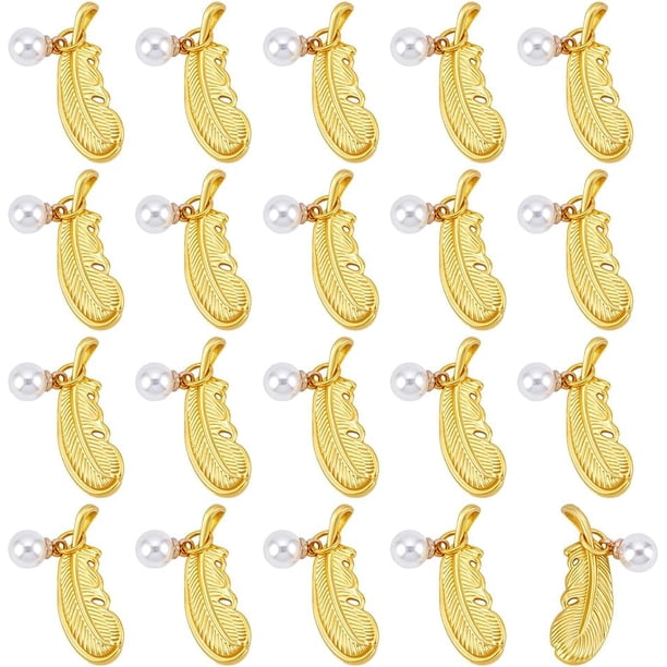 20 piezas de dijes de plumas de perla de 1 pulgada, colgantes de plumas doradas con dijes colgantes de plumas de perla de imitación, dije de llavero