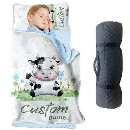 AOLOA Custom Farm Animal Nap Mat for Toddlers Personalized Baby Cow Sleeping Bag with Nap Blanket Daycare Roll Up Nap Mat for Preschool Use(Cushions + Pillows22.5 x55 +Blanket size: 33.5 x 45 )