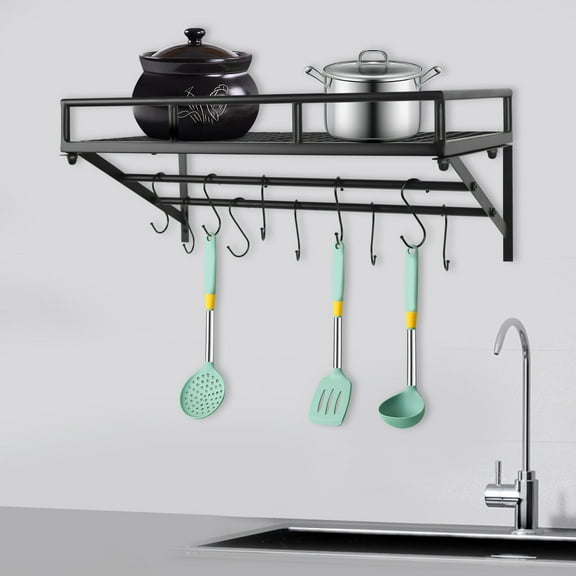 Kitchen Wall Mounted Storage Shelf Cookware Pan Pot Organizer Rack with 10 Hooks