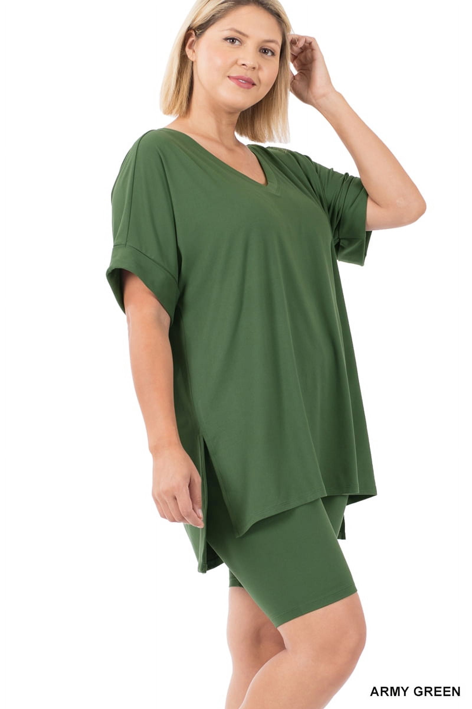 Zenana Plus Size Brushed DTY Microfier V-Neck Short Sleeve Hi-Low Hem & Biker Short Loungewear Set