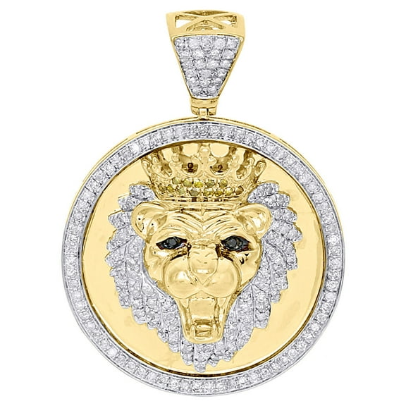 10K Yellow Gold 3D Lion Head Diamond Pendant 1.50" Pave Medallion Charm 0.88 Ct.