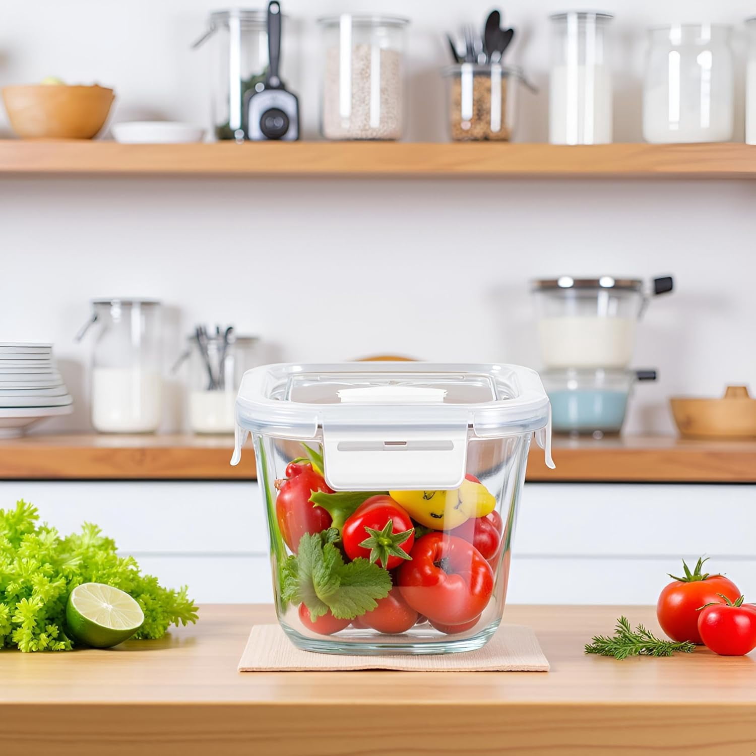 TT - 4 Cup Square Glass Food Storage Container with Lids, Square Glass Soup Container with Airtight Lids, 32 OZ Food Prep Bowls for Leftovers, Salad, Microwave、Fridge、Dishwasher Safe (4 Pack)