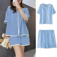 thumbnail image 1 of Nouveaux Pyjamas pour Femmes Deux Pièces Faux Cardigan Pyjamas Vêtements de Maison Ensemble d'Été à Manches Courtes et Shorts Simples, 1 of 4