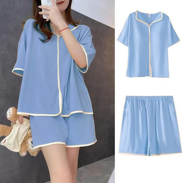 Nouveaux Pyjamas pour Femmes Deux Pièces Faux Cardigan Pyjamas Vêtements de Maison Ensemble d'Été à Manches Courtes et Shorts Simples