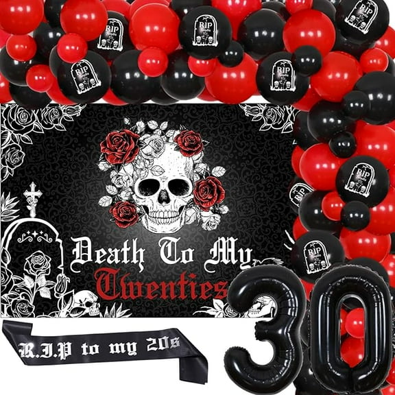 Death to My 20s Decorations Black and Red Gothic 30th Birthday Decorations Balloon Garland Kit Backdrop Sash Foil Balloons for Rip to My Twenties Funeral for My Youth Funny Thirty Birthday Party