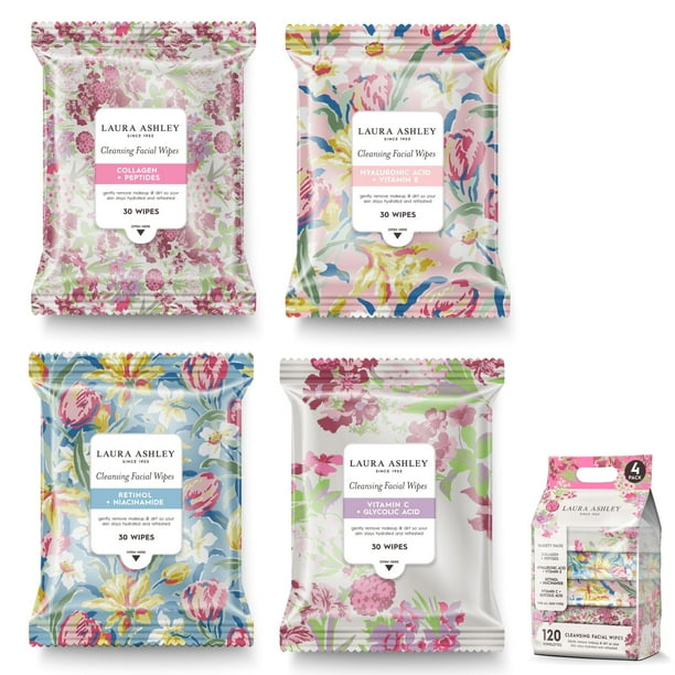 Toallitas faciales Laura Ashley, paquete de 4 con vitamina C y retinol