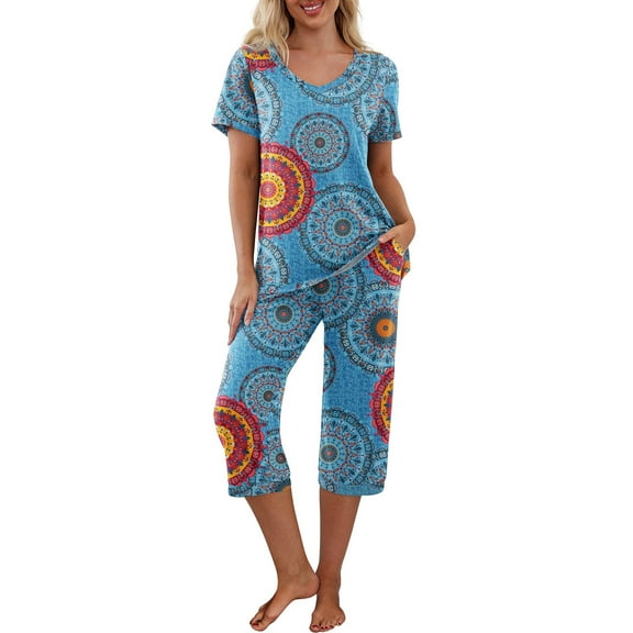 TheFound Women Pajama Sets Short Sleeve V-Neck Sleepwear Top with Capri Pants Summer Pjs Loungewear Set