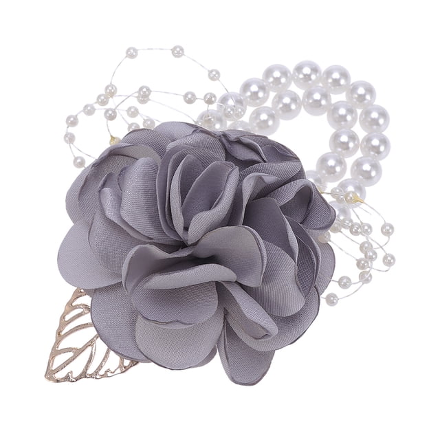 BRIGHTFUFU Gris claro Artificial Rose Ramillete de muñeca Hermosa corona de muñeca realista Flor de mano de perla para dama de honor Novia Boda Porm Decoración de fiesta