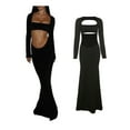 thumbnail image 2 of Licupiee Women Hollow Bodycon Dress Solid LowCut Long Sleeve Backless Show Belly Square Neck Fishtail Long Cocktail Dress, 2 of 6
