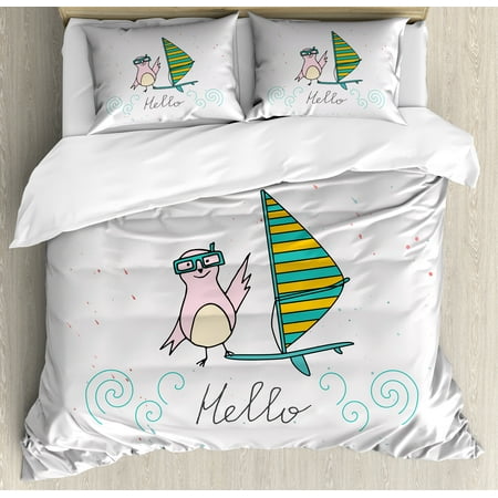 Hello Queen Size Duvet Cover Set, Summer Inspiration with Hand Drawn Bird and Windsurf Board Cartoon Style, Decorative 3 Piece Bedding Set with 2 Pillow Shams, Mint Green Yellow Pink, by