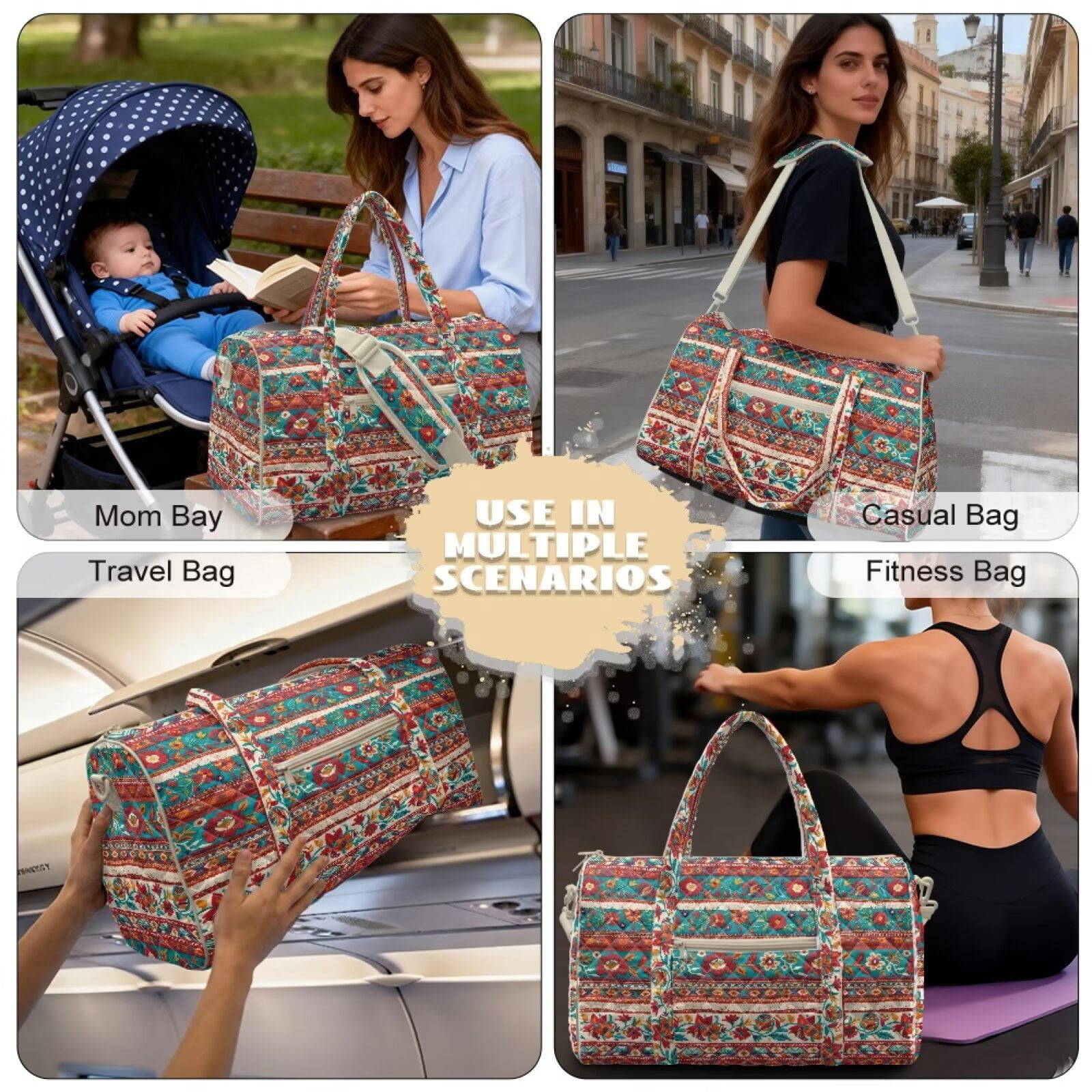 Pzuqiu Boho Floral Quilted Weekender Bag for Women Large Capacity Lightweight Travel Duffle Tote Carry On Overnight Gym Bag with Zipper and Luggage Sleeve Travel Tote Bags